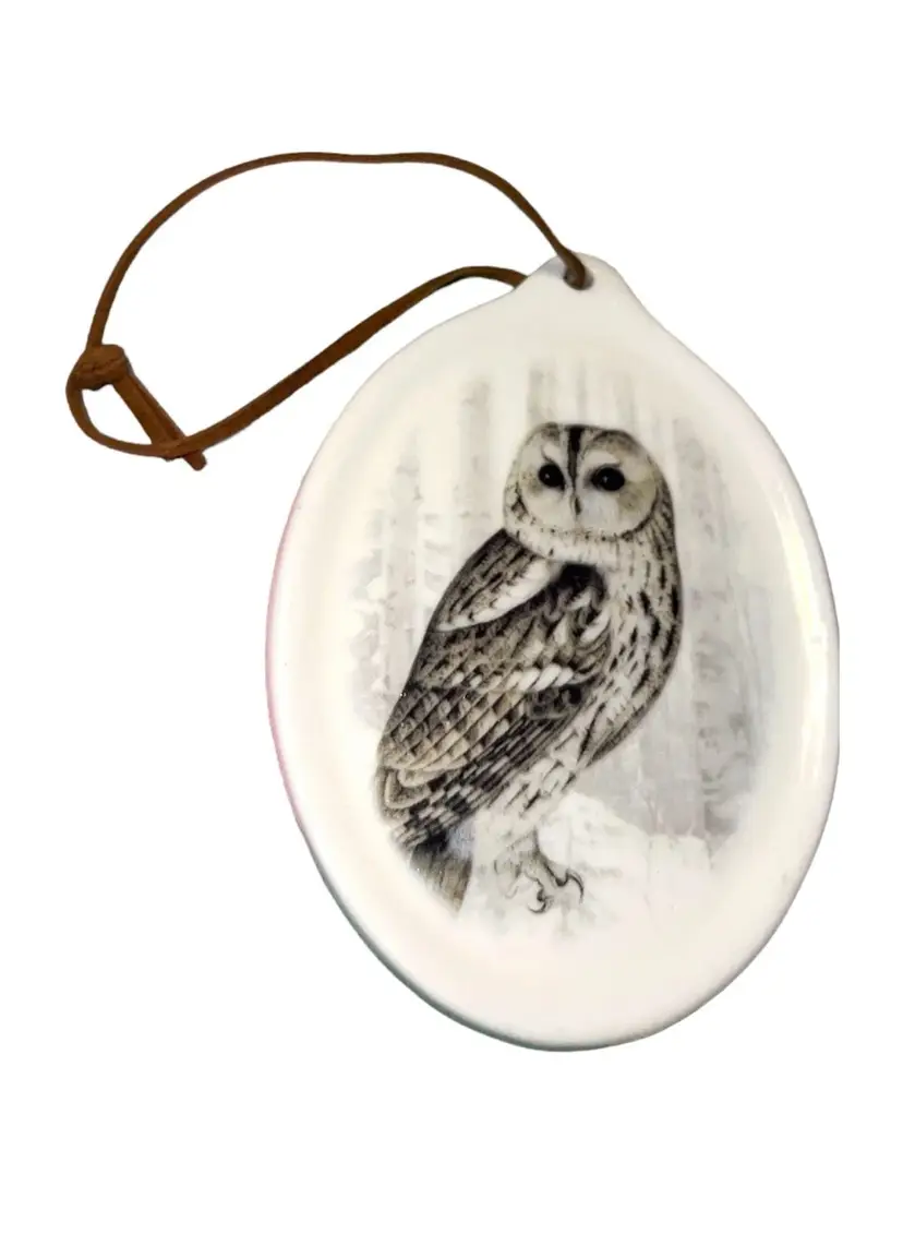 White & Gray Owl Porcelain Christmas Tree Ornament With Leather Hanger 4 1/2”