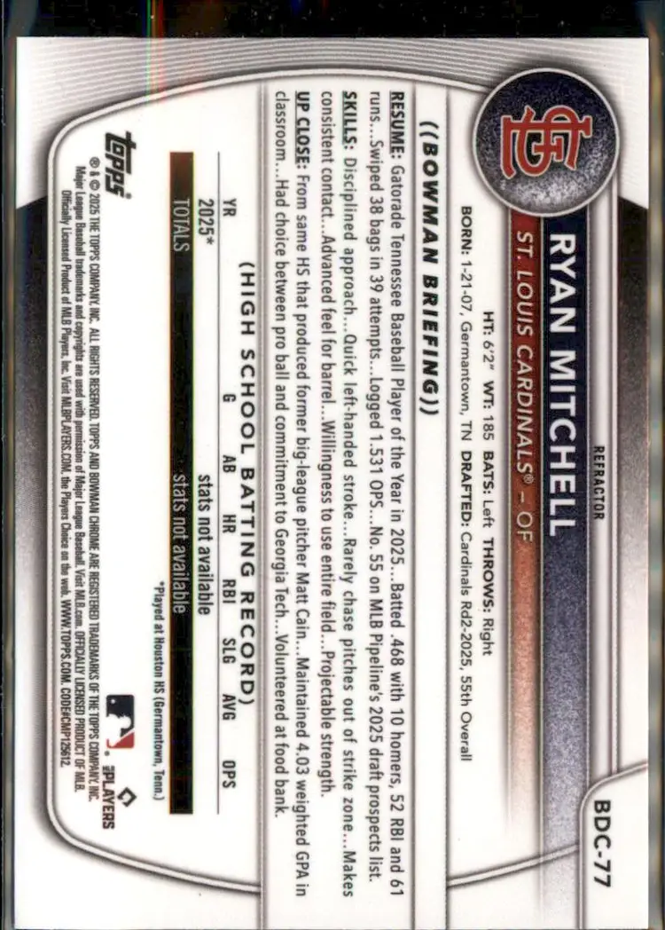 2025 Bowman Draft #BDC-77 Ryan Mitchell Chrome Refractor - (138) - St. Louis Cardinals