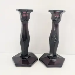 Vintage Amethyst Cut Glass Hexagon Candle Holders 8.5" High Purple Glass