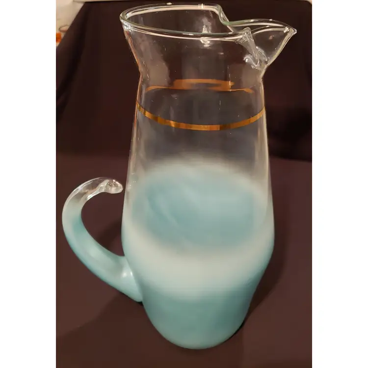 Large Vintage  Frosted Blue to Clear Blendo Pitcher Gold Trim West Virginia 11.5"
