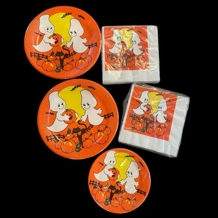 NOS Vintage Halloween Ghost Jack'o'lantern Black Cat Party Set