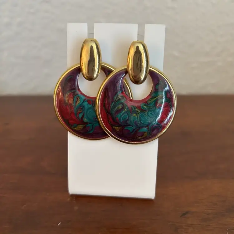Vintage 80's LARGE Round Dangle Door Knocker Enamel Earrings