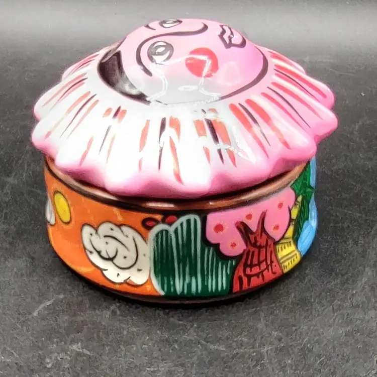 Mexican Talavera Pottery Sun Face Trinket Jewelry Box Signed By Artist