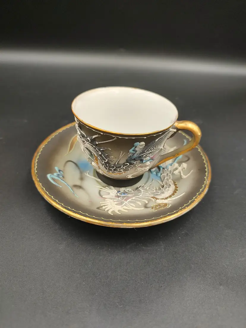 Vtg Japanese Moriage Dragonware Demitasse Teacup and Saucer Set