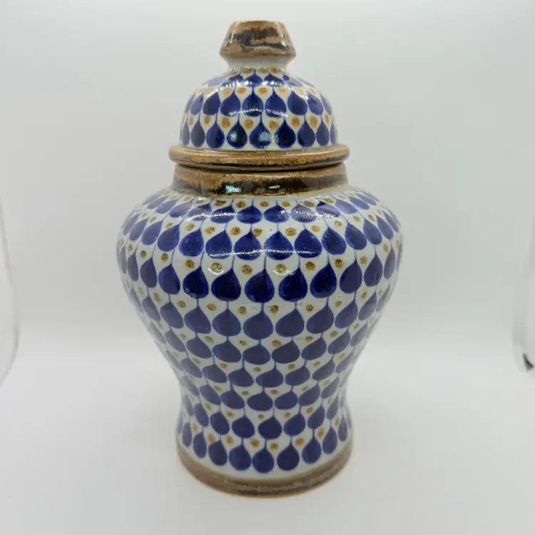 D'Casa Mexican Tonala Pottery Hand Made 9.5" Ginger Temple Jar Blue Drop Pattern