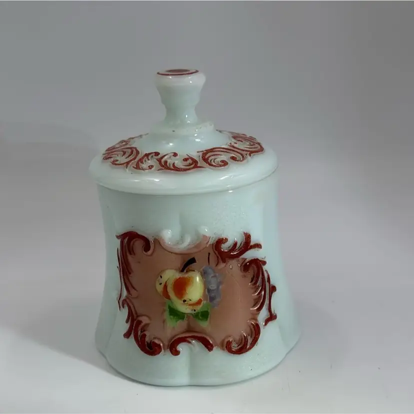 Vintage White Milk Glass Apothecary ginger jar Or Cookie Jar Or Candy Jar with lid, apple and grapes pattern🍇