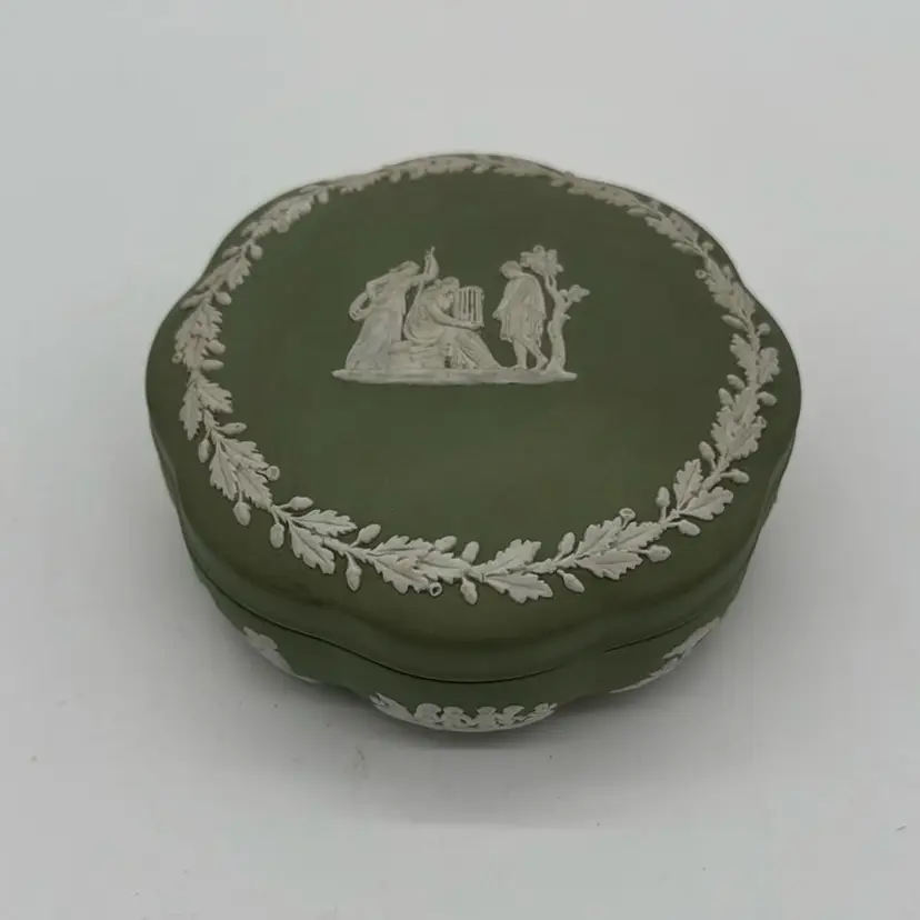 Trinket Box - Vintage 1956 Wedgwood Jasperware Trinket Powder Box Sage Green w Cherubs White Applied Design Scalloped Edges 5” W