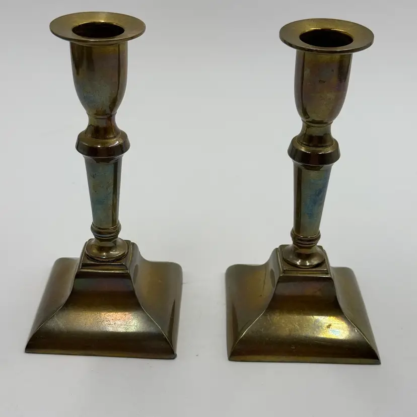 Vintage Brass Pair Of Taper Candle Stick Holders With Square Base