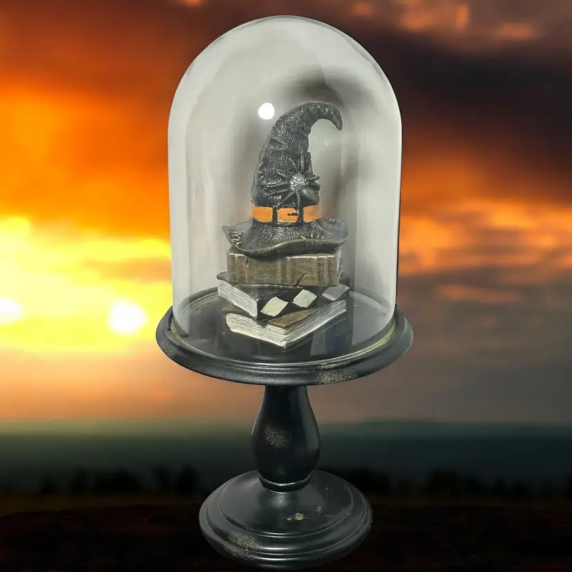 Halloween Decoration Curses Spells Glass Dome Pedestal Witches Hat Spell Books