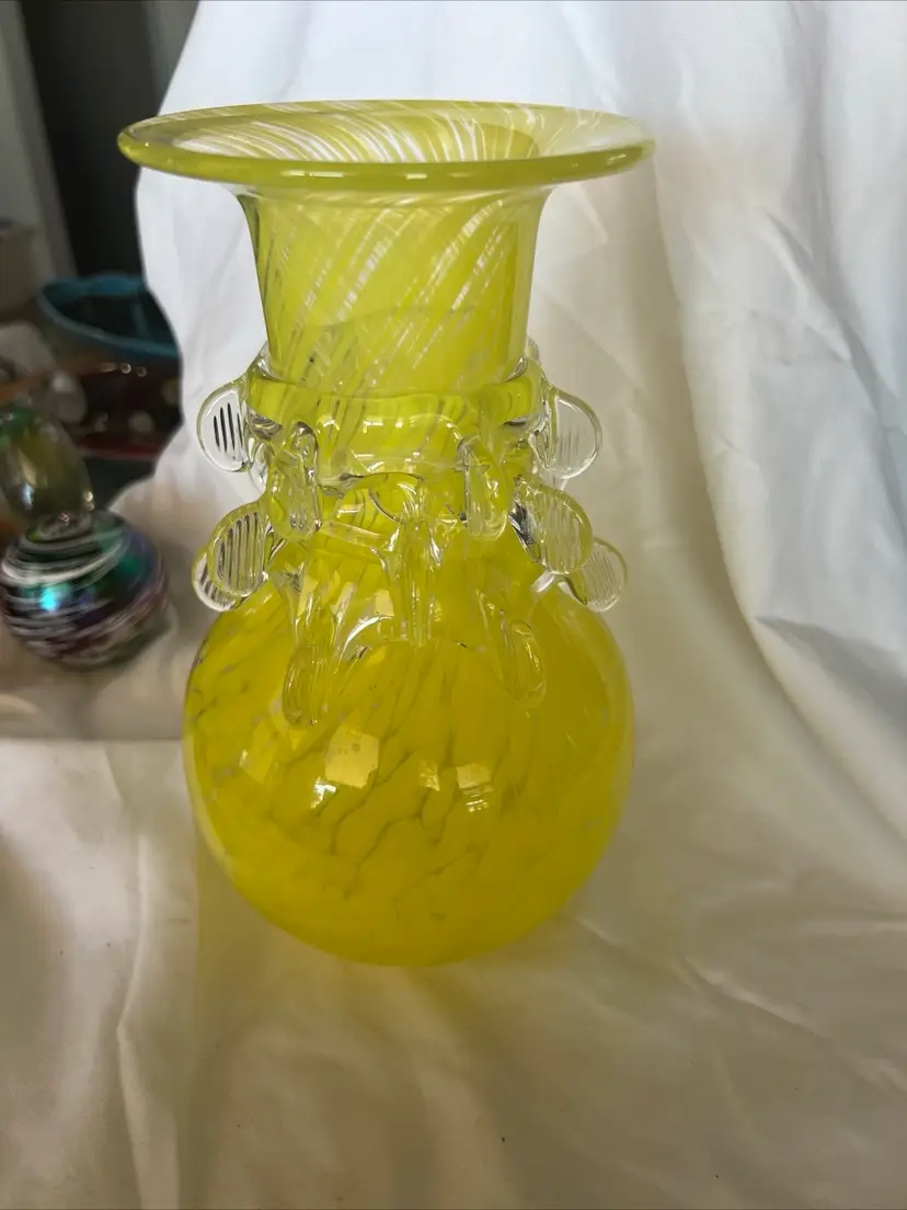 Yellow Swirl Optic Rigaree Art Glass Vase Hand Blown And Signed