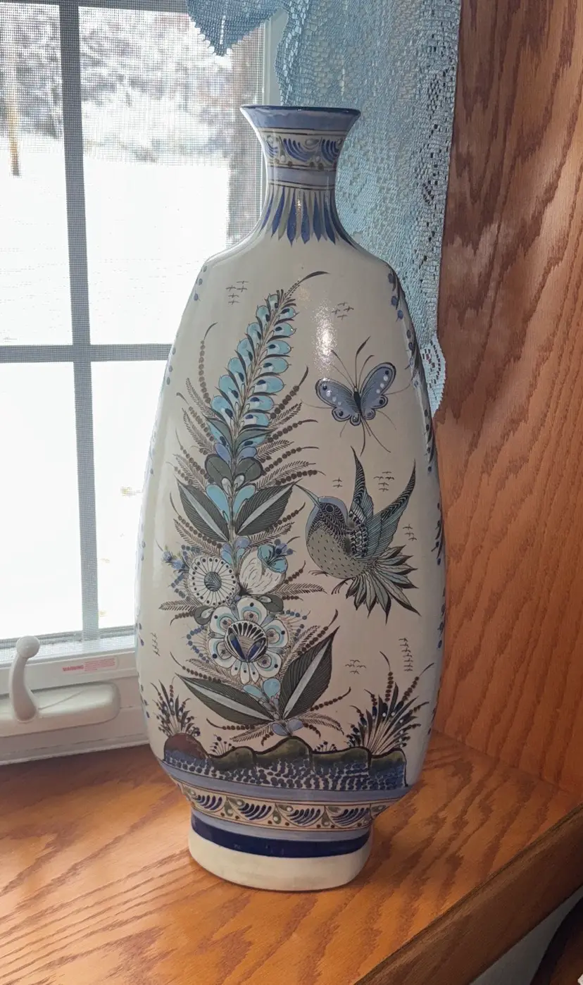 Ken Edwards 22.25” Floral Butterfly and Bird Design Vase Mexico