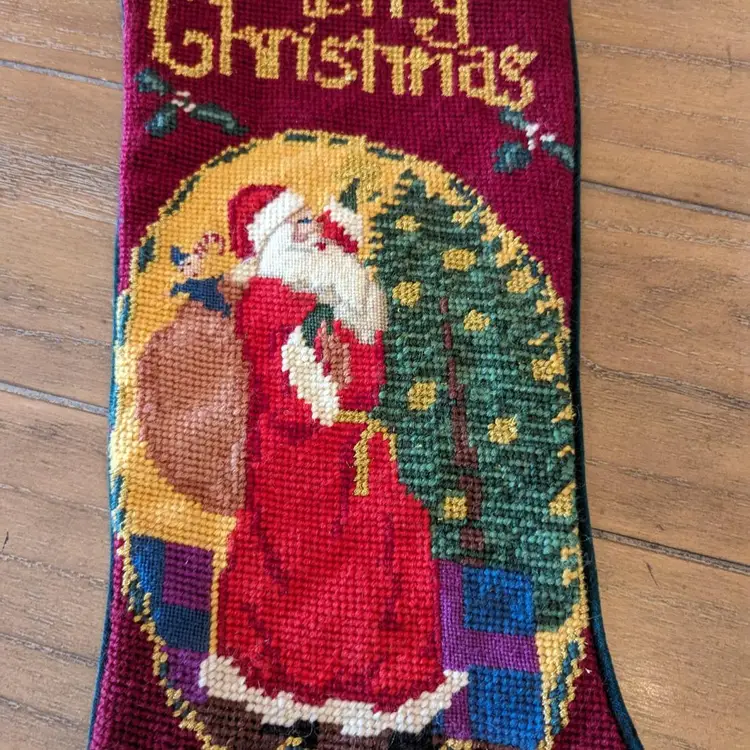 #01 Vintage Needlepoint Christmas Stocking Santa With Toys Merry Christmas