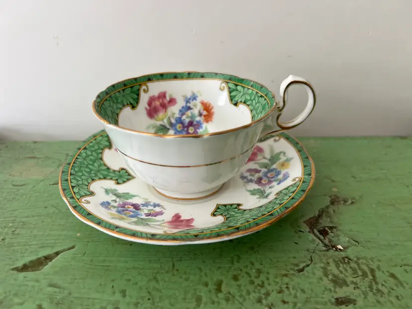 Vintage Aynsley Green and Floral Vintage Teacup and Saucer Set England. 1930s. Excellent Condition