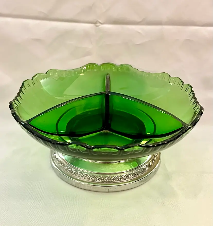 Vintage Farber Bros Krome Kraft Green 3 Part Glass Divided Relish Dish Fluted