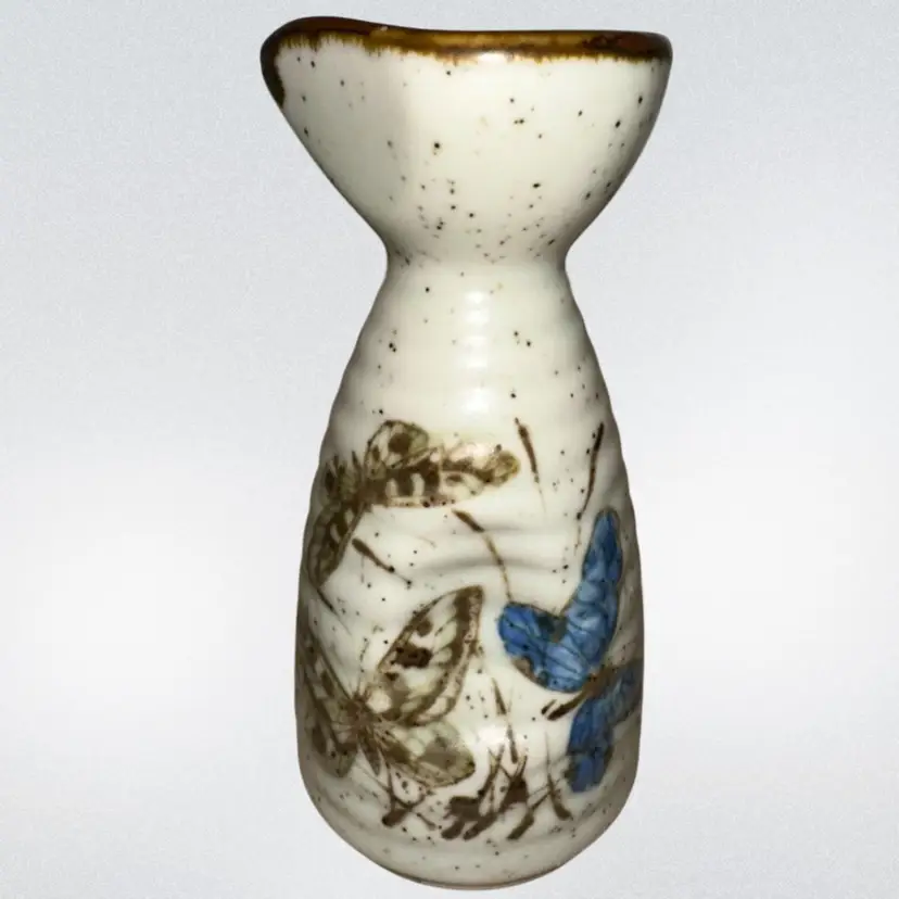 Vintage Enesco Sake Soy Pitcher Stoneware Otagiri Bottle Hand Painted Butterfly