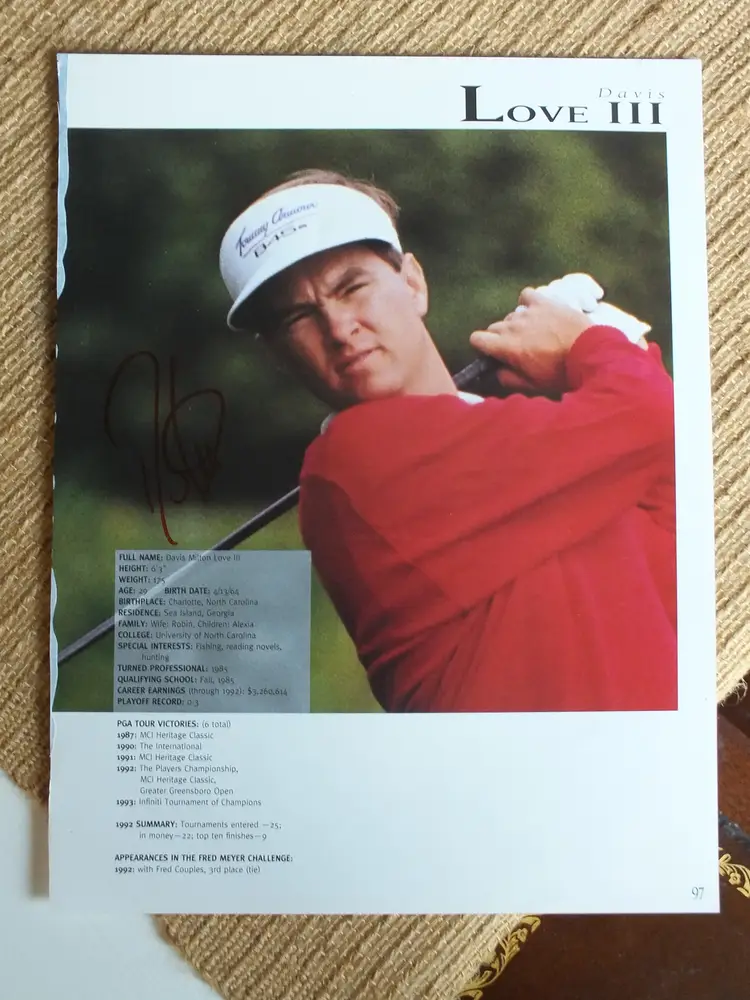 Davis Love III Signed Autograph Signature 8.5x11 Golf Program Sheet with an LOA COA by JSA!