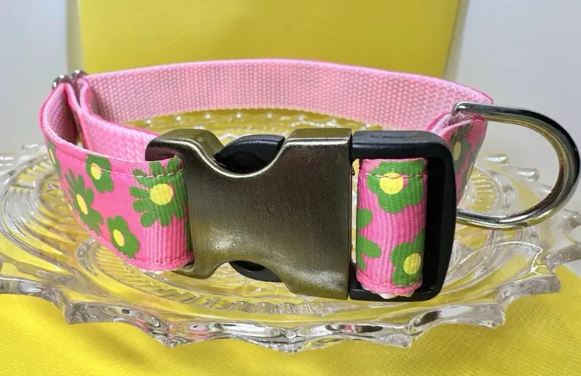 Dog Collar Flowers Floral Pink & Green Large Handmade Heavy Duty NEW