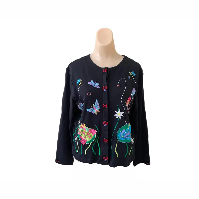 Berek2 Takako Small Beaded Cardigan Embroidered Black Butterfly Ladybug 80s Vintage