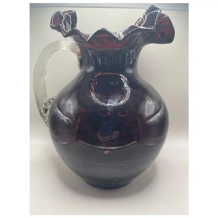 #01 Vintage Amethyst Purple Coin / Thumb Dot Ruffled Glass Pitcher ~ Applied Handle ~ Pontil ~ Measures 9 inches tall.