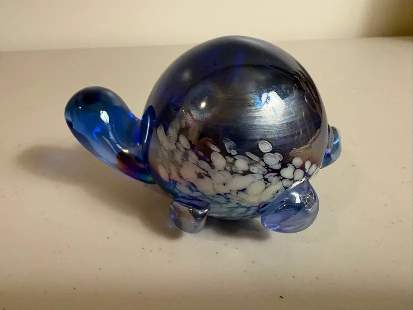 Blue And White Turtle,  Hand Blown  Art Glass Paperweight