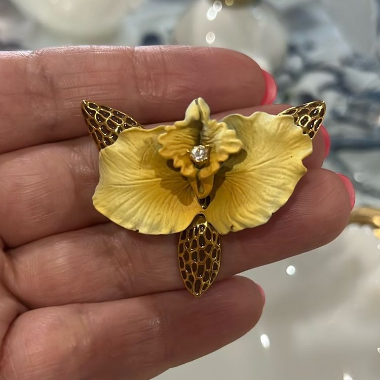 42. Vintage Signed Joan Rivers Yellow Gold Tone Orchid Brooch