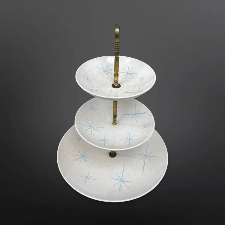 MCM Royal China Atomic Starburst Celeste 3 Tiered Serving Tray Metal Handle USA