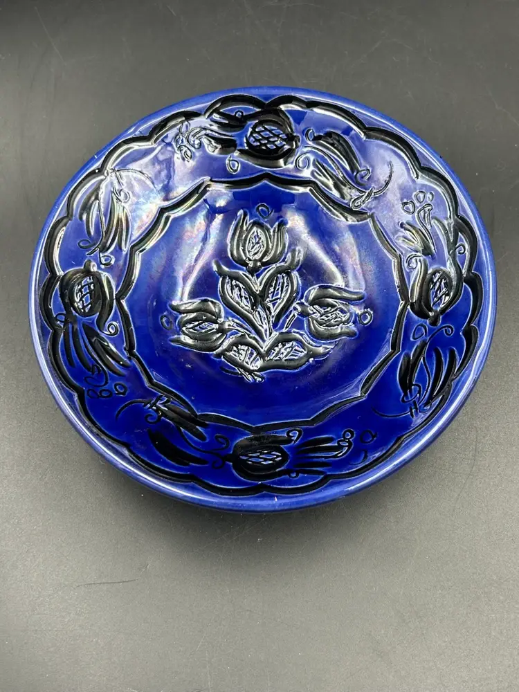 Vintage German Cobalt, Blue And Black Glaze Ceramic Handmade Wall Decor Dish