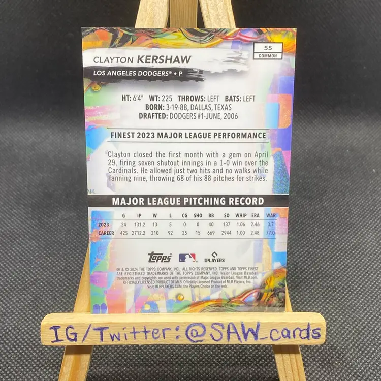 Clayton Kershaw 2024 Topps Finest Common Blue /325 Los Angeles Dodgers