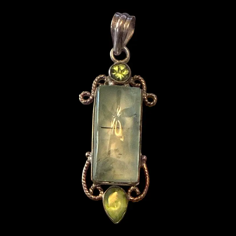Green Stone And Peridot Rhinestone Sterling Silver Pendant 2.25”
