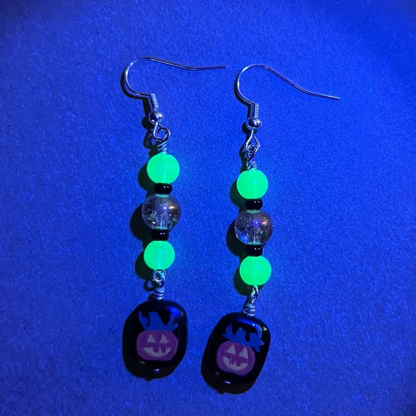 Handmade By Me- Hand Painted Jack O’Lantern Glass Bead Dangle Earrings With UV Glow Beads, Hand Painted Halloween Earrings