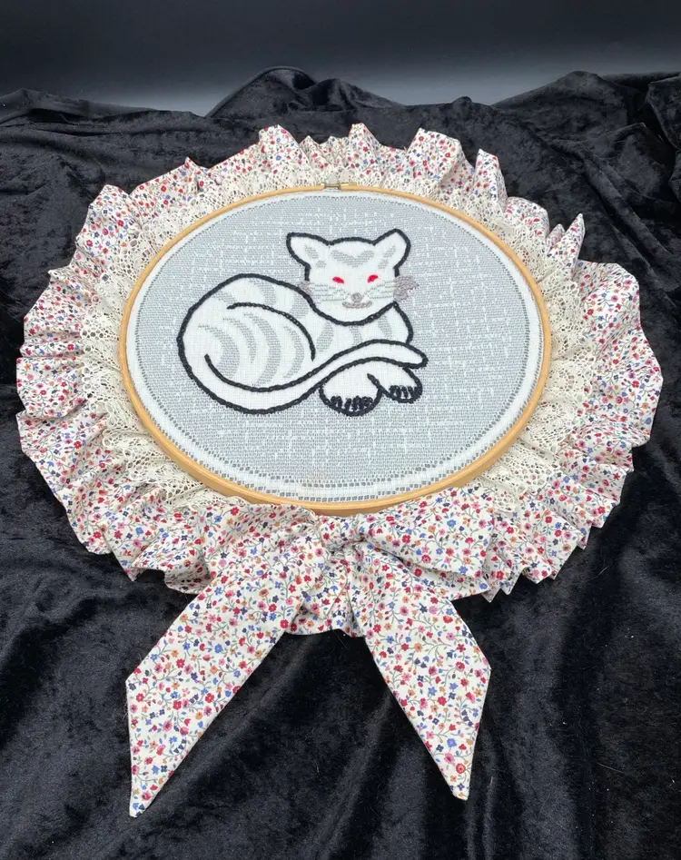 Handmade Embroidery Art, Grey Tabby Cat, Hoop & Cloth Framed, Wall Hanging