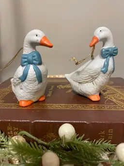 Vintage Blue Bow Geese Bisque Ornaments Set of Two