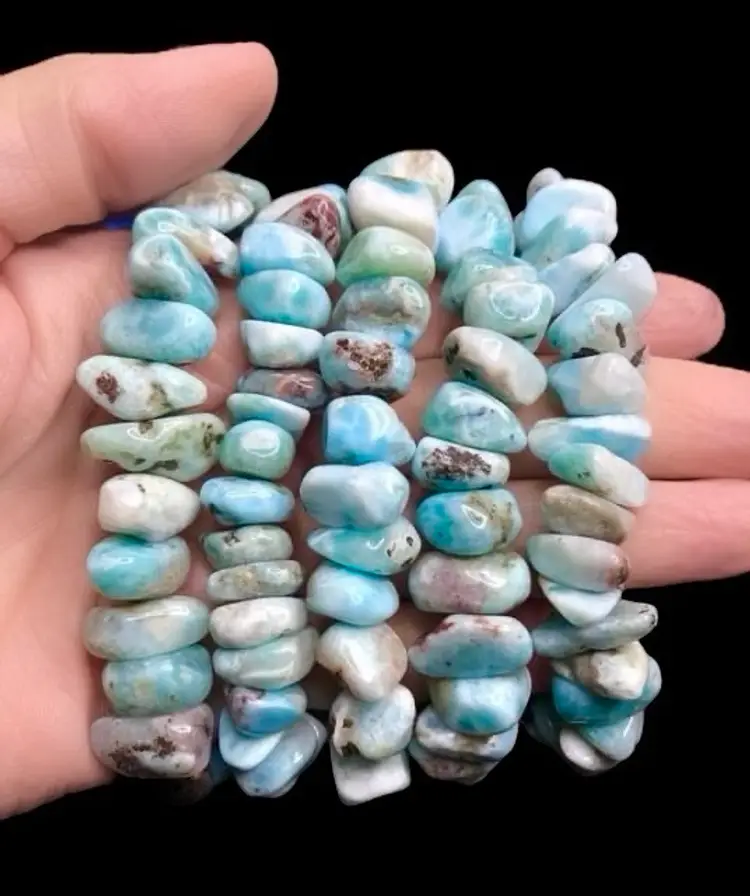 Handmade Genuine Larimar Polished Nugget Stretch Bracelet 
