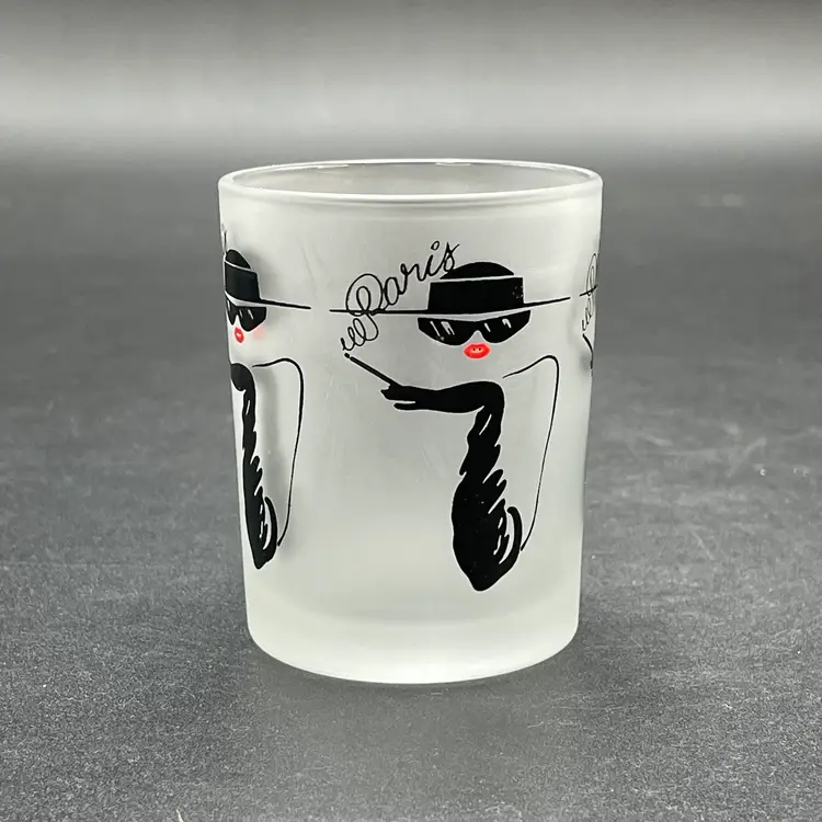 Frosted Shot Glass Paris Elegant Woman Hat Glove Sunglasses Red Lips Vintage