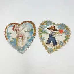 30’s Farmer Boy And Mermaid Girl Heart Valentines Lot Of 2