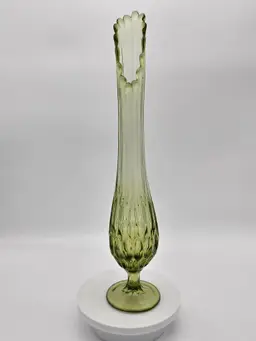 Fenton Vintage Swung Glass Colonial Thumbprint Pedestal Vase 16” Avocado Green