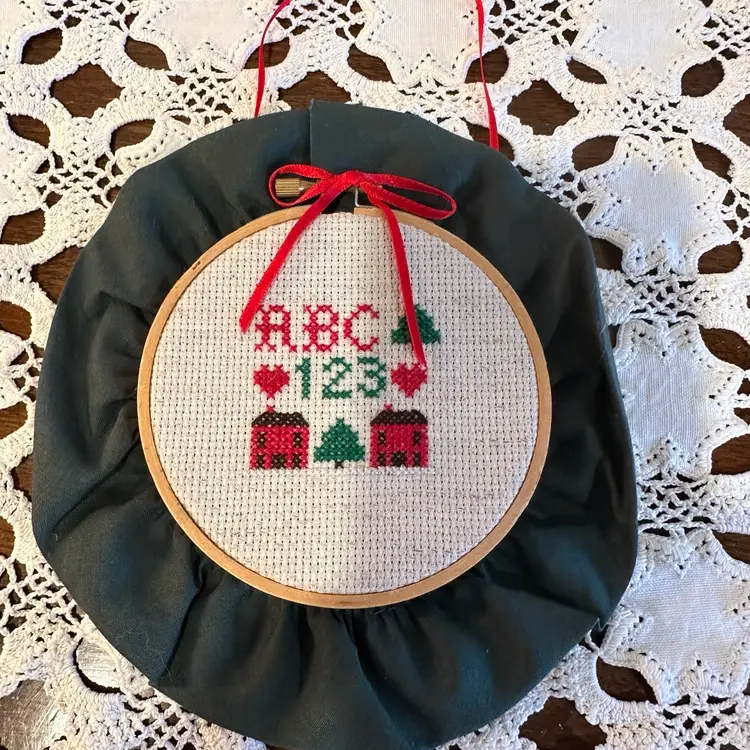 Vintage homemade cross stitch Christmas ornament