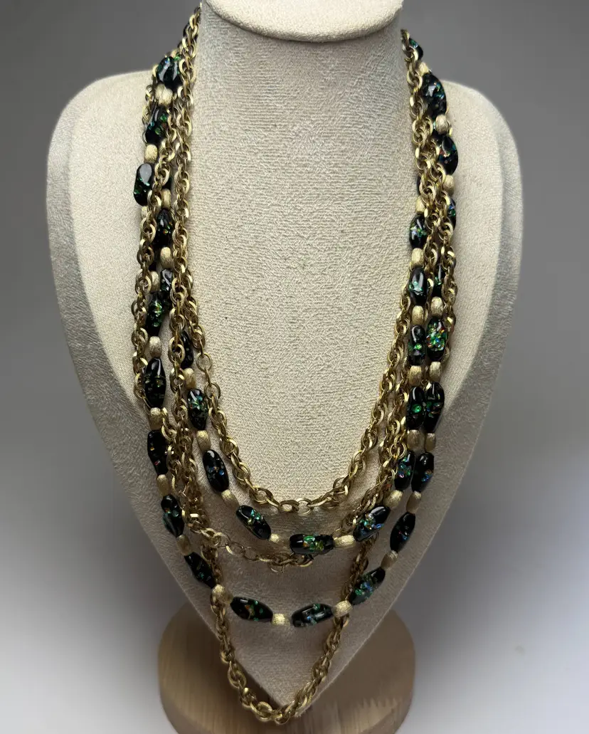 Rare HTF Vintage Crown Trifari 5-Strand Black Confetti Art Glass Beaded Necklace