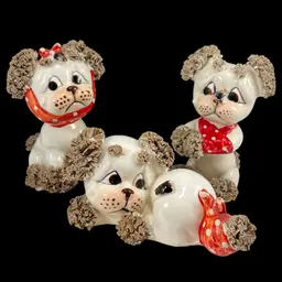 *Read* Set Of Three Vintage Lefton Spaghetti Dogs With Bees And Bandages, Lefton Sad Poodle Puppies With Bandages And Bug, Lefton Porcelain Spaghetti Puppies, Vintage Lefton Dog Figurines, Set of 3 Vintage Lefton Spaghetti Puppy Dog Figurines – Red Bandana Series