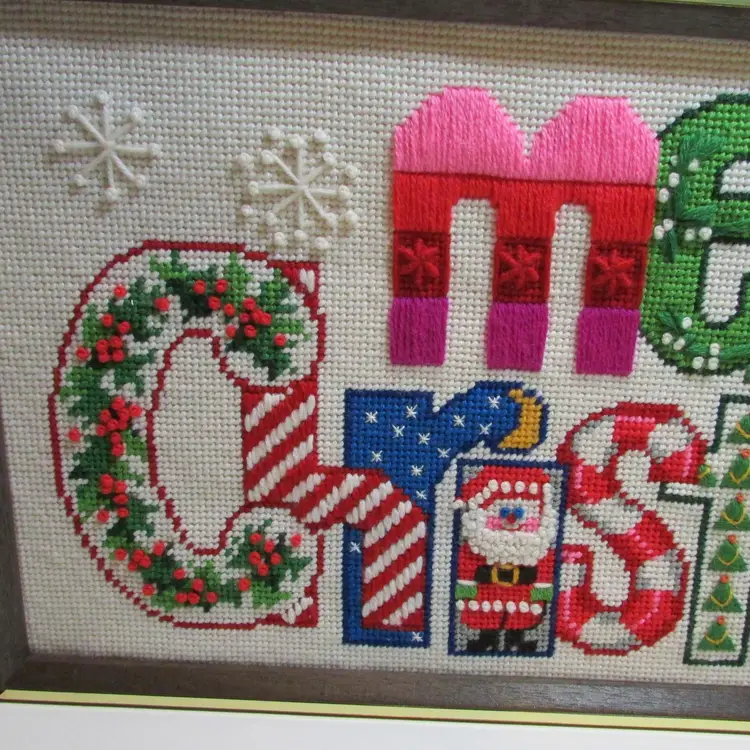 vintage colorful Merry Christmas needlepoint framed wall decor Sunset Designs 1978 6070