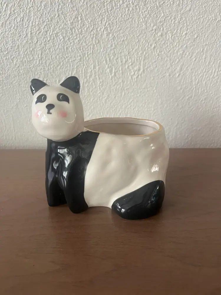Anthropologie Planter Pot Panda Bear Gail CC Ceramics Black White Gold Retired