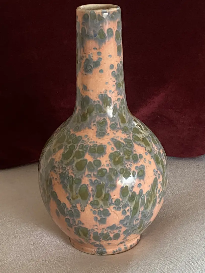 Vintage Republic of China Stoneware Vase (Peach, Green, Blue) 11" Tall