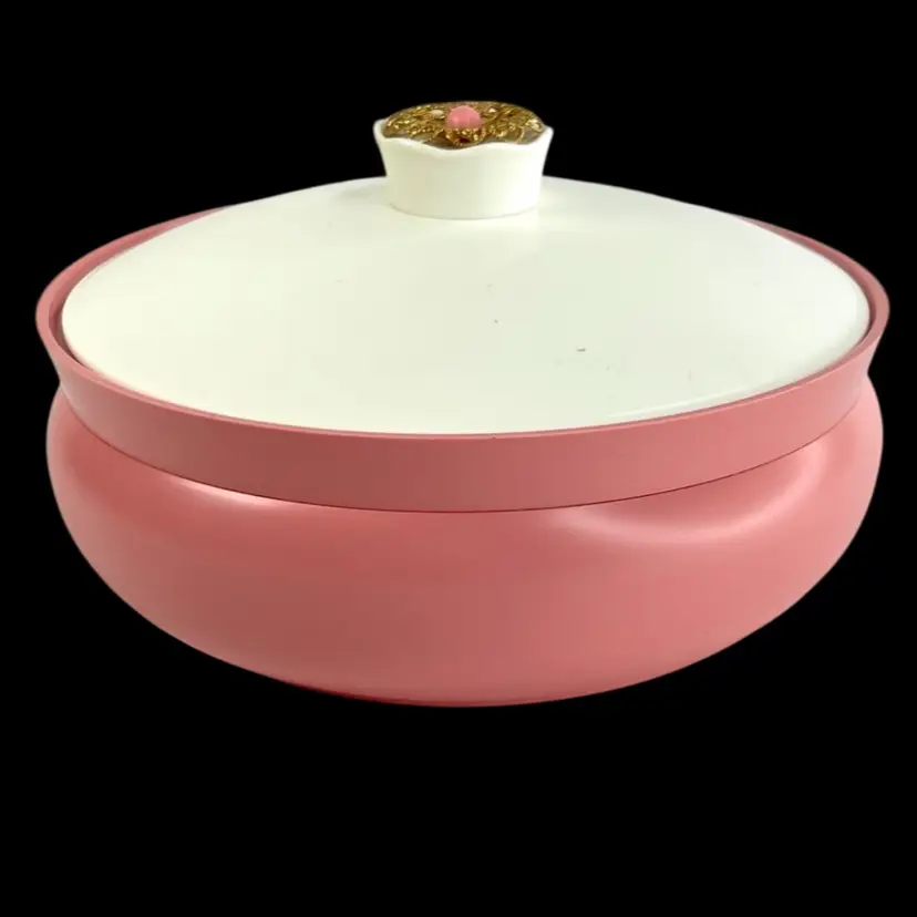 Pink Avon Cotillion Powder Box With White Plastic Lid & Brass Finial. Pink Powder Puff. Unopened Cotillion Beauty Dust. A Vintage Vanity Must!