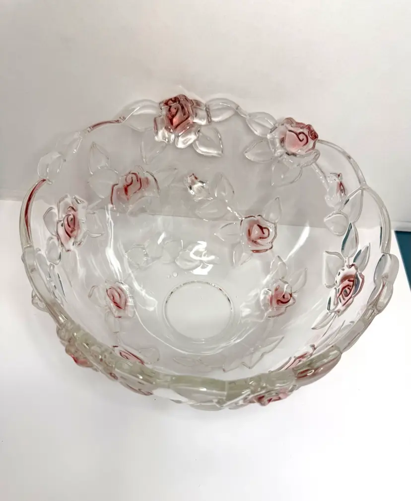 Heavy Mikasa "Bella Rosa" Crystal Glass Serving Bowl | Pink Frosted Roses & Leaves
