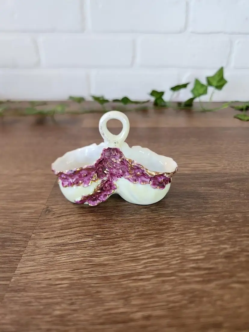 Vintage Porcelain Trinket Dish Salt & Pepper Holder 3" x 4" White with Purple Florals
