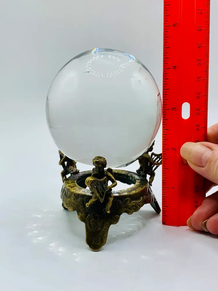 VINTAGE 3" CRYSTAL BALL WITH Brass Cherub Stand - 4.5 Inches Tall
