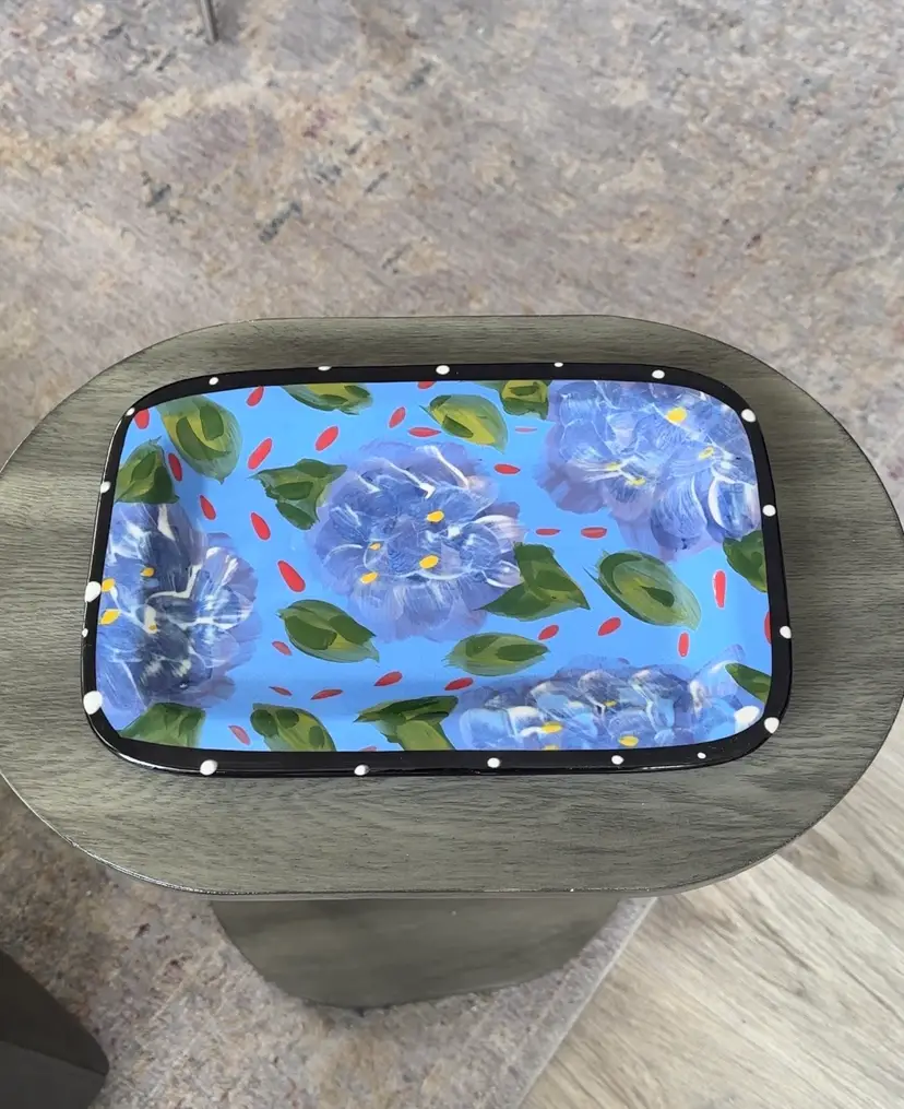 Handmade Hand Painted Blue Hydrangeas Rectangle Serving Platter Signed