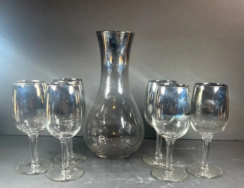 Vintage MCM Silver Fade Wine Decanter Set w/ 6 Cordial Glasses Stemware Barware Kinney