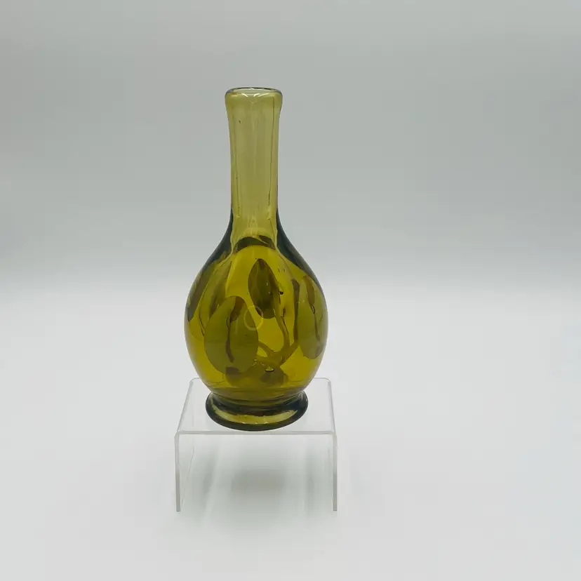Vintage Michael Nourot Studio Art Glass Vase w/ Tendrils Yellow/Amber MCM Signed 8 1/2” Tall 
