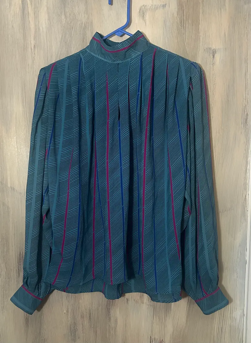 Vintage Steven Barry High Neck Pleated Front Puffy Sleeve Teal Stripe Design Polyester Long Sleeve Blouse